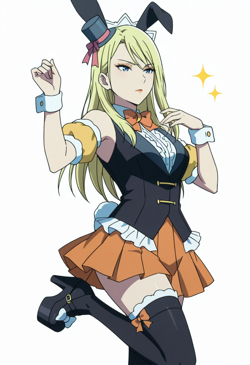 Smooth Quality,masterpiece,very intricate, high quality details, ultra realistic, high detailed skin,detailed enviorement,absurdres,anime screencap, 
simple background, white background, dancing, 
 <lora:Moonbeams_Manager_CNR:0.7> moonbear_cnr, 1girl,blonde hair, long hair, blue eyes,rabbit ears, fake animal ears, bare shoulders, makeup, lipstick, mini top hat, black vest, shirt,puffy short sleeves, detached sleeves, wrist cuffs,orange pleated skirt, black thighhighs, frills,bowtie, platform footwear,, sulking,, uwu,
