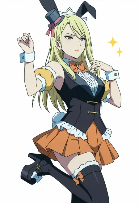 Smooth Quality,masterpiece,very intricate, high quality details, ultra realistic, high detailed skin,detailed enviorement,absurdres,anime screencap, 
simple background, white background, dancing, 
 <lora:Moonbeams_Manager_CNR:0.7> moonbear_cnr, 1girl,blonde hair, long hair, blue eyes,rabbit ears, fake animal ears, bare shoulders, makeup, lipstick, mini top hat, black vest, shirt,puffy short sleeves, detached sleeves, wrist cuffs,orange pleated skirt, black thighhighs, frills,bowtie, platform footwear,, sulking,, uwu,