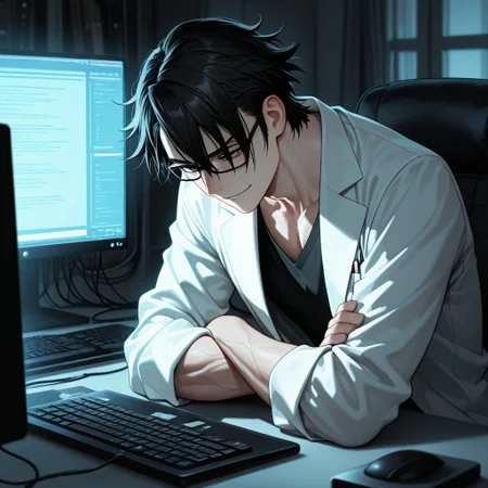 masterpiece, best quality, amazing quality, absurdres, newest, detailed background, definition so sharp, Ultra-HD, 8K cinematic, very awa, impressionate, amazing quality, highres, 
solo, male focus, manly, 
saruhikofushimi, saruhiko_black hair, saruhiko_black eyes, 1boy, short hair, glasses, looking down, smirk, crossed arms, lab coat, computer screen, data stream, cool lighting, focused, calculating, intelligent, slightly intimidating, charming
