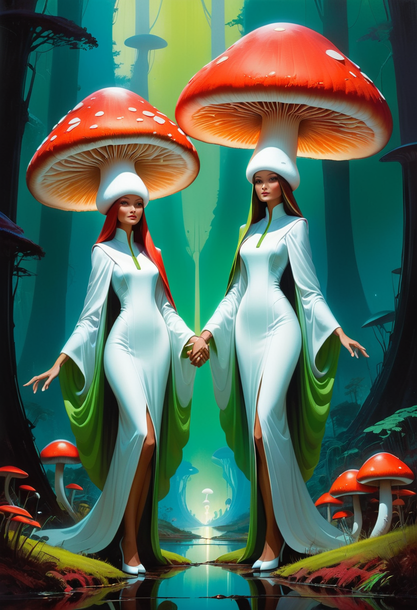 Two elegant aliens with white mushroom-shaped heads, Two women in elegant robes with large mushroom-shaped headdresses, Two slender aliens with white mushroom-shaped heads, Wadim Kashin, Syd Mead, Michael Whelan, creating a hauntingly beautiful contrast against the dark background, with colorful gradients and soft lighting, and their bodies glow with vibrant colors of red, in a cartoon style with vibrant colors, embodying motion and contrast, with a gradient background, flowing hair in a surreal, childlike figures with large mushroom hats, green holding hands with one another, Simple illustration digital art   masterpiece, detailed, best quality, absurd resolution,    <lora:artfully_ALIENDANCE:0.8>