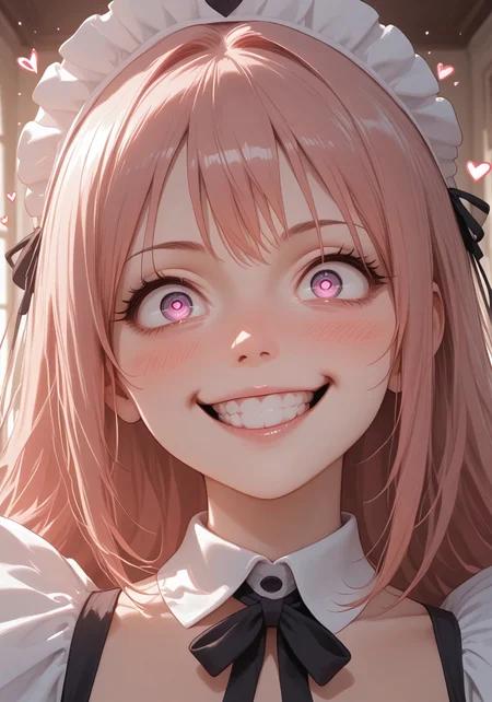Stable_Yogis_PDXL_Positives, masterpiece, high_quality, highres, flat_colors, gradient, long_lashes, blush, looking_at_viewer, dynamic_angle, cinematic, side_view, hearts, ethereal_aura, uwu, big_eyes, crazy eyes, yandere, crazy grin, crazy expression, svrrm-bg