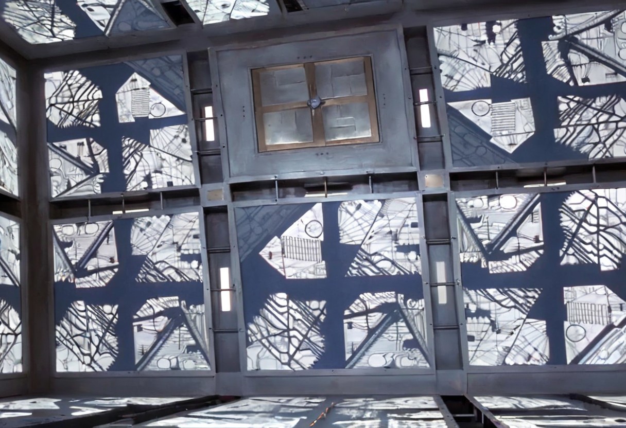 *A futuristic, cubic room where every surface—the floor, walls, and ceiling—looks identical, creating a symmetrical and disorienting space. The room is made of metallic panels, each featuring intricate, geometric patterns resembling advanced circuitry. These patterns are precisely cut into the metal, allowing a soft, white light to filter through, casting sharp, complex shadows across the surfaces. The cold, white light gives the room a sterile, almost otherworldly feel. The metallic surfaces subtly reflect the light and patterns, amplifying the sense of depth and making it difficult to distinguish one wall from another.
In the center of each of the six surfaces, including the floor and ceiling, is a square metallic door, seamlessly integrated into the surrounding panels. These doors are identical and blend into the room’s design, adding to the disorienting and claustrophobic atmosphere. The uniformity and symmetry of the room create a high-tech, sterile environment that feels isolating and mysterious.
The overall ambiance is one of eerie sophistication, blending advanced technology with unsettling uniformity. The space feels like a confining, enigmatic environment where every direction is the same, leaving anyone inside with a sense of isolation and uncertainty. Each surface of the room looks exactly the same. The room is 5 meters long in each direction.*