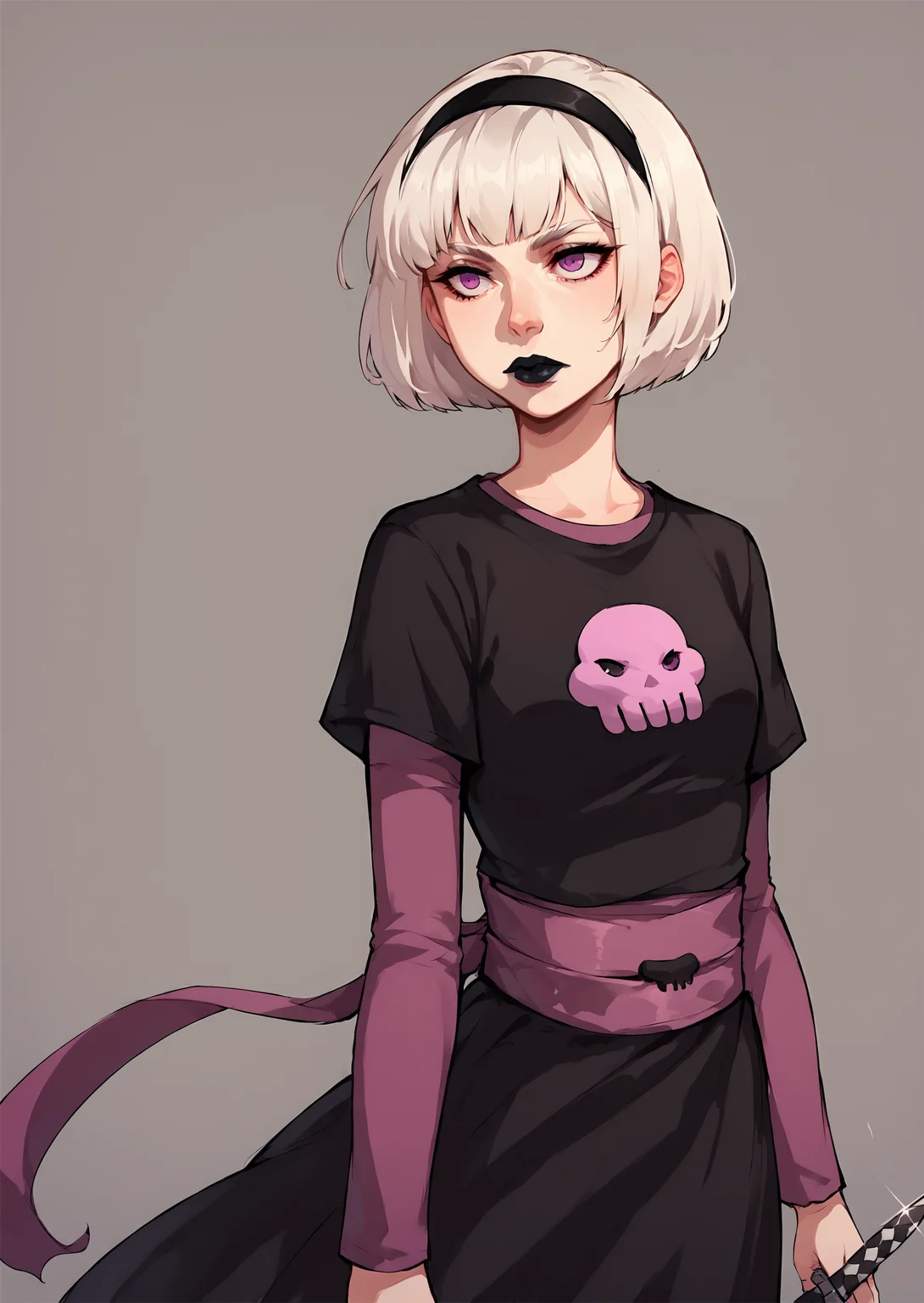 core_9, score_8_up, score_7_up, score_6_up, score_5_up, score_4_up, 1girl, white hair, black hairband, black lips, purple eyes, shirt print, <lora:Rose_Lalonde_-_outfits:0.9>, rosedress, shirt print, 1girl, solo, short hair, blonde hair, dress, purple eyes, hairband, pink eyes, black dress, sash, makeup, bob cut, knife, lipstick, skull, BREAK source_anime