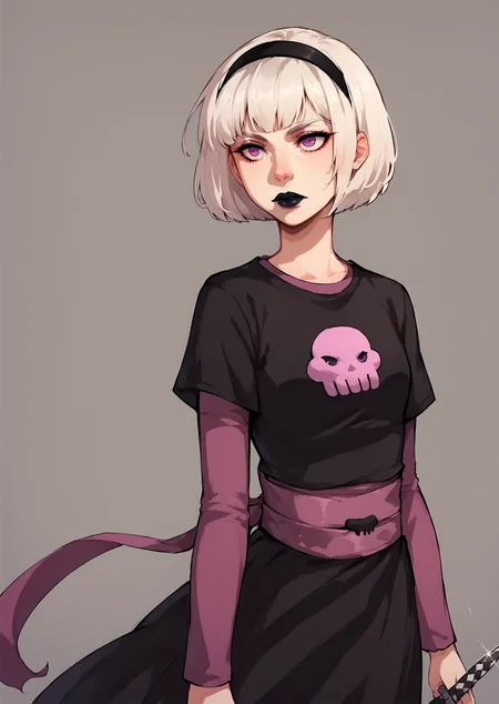 core_9, score_8_up, score_7_up, score_6_up, score_5_up, score_4_up, 1girl, white hair, black hairband, black lips, purple eyes, shirt print, <lora:Rose_Lalonde_-_outfits:0.9>, rosedress, shirt print, 1girl, solo, short hair, blonde hair, dress, purple eyes, hairband, pink eyes, black dress, sash, makeup, bob cut, knife, lipstick, skull, BREAK source_anime