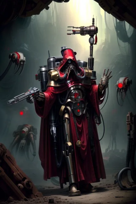 ((masterpiece,best quality)), absurdres, BREAK
mechanical arms, robes, hood, BREAK
((techpriest)), cyborg, mechanical face, mechanical limbs, gas mask, mechanical tentacles, (mechanical backpack), red cloak, BREAK
1other, solo, holding gun, weapon, gun, firearm, BREAK
(star wars),