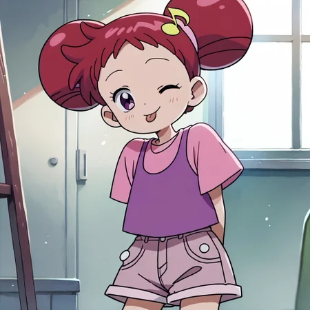 score_9, score_8_up, score_7_up BREAK Doremi1, 1girl, red hair, odango hairstyle, purple eyes, pink hair scrunchies, yellow musical note hairclip, purple tank top, short-sleeve pink shirt, soft pink denim shorts, pink socks, cowboy shot, winking at viewer, tongue out, hands behind back,