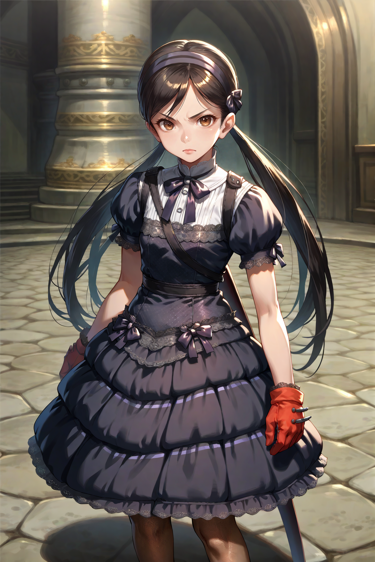 score_9, score_8_up, score_7_up, source_anime, <lora:Saki_Onechanbara_Z2:0.8> 1girl, solo, long hair, black hair, brown eye, gloves, twintails, hairband, dress, fishnets, pantyhose, sword sheath, looking at viewer