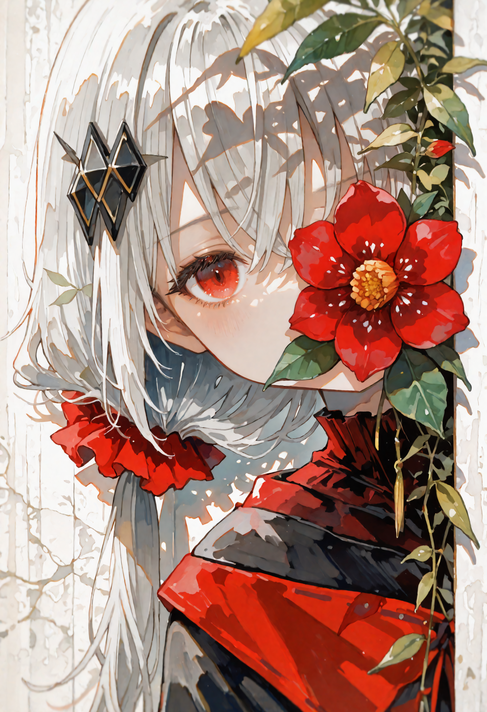 masterpiece, best quality, newest, absurdres, highres, very awa, anime screencap, no lineart, watercolor \(medium\), traditional media, painting \(medium\), ambient occlusion, depth of field, simple background, ethereal glow, 1girl, flower, solo, red eyes, red flower, scrunchie, red scrunchie, hair scrunchie, looking at viewer, hair ornament, one eye covered, leaf, grey hair, portrait, red shirt, shadow, white hair, covered mouth, camellia, eye focus, bush, hair between eyes, virtual youtuber, plant