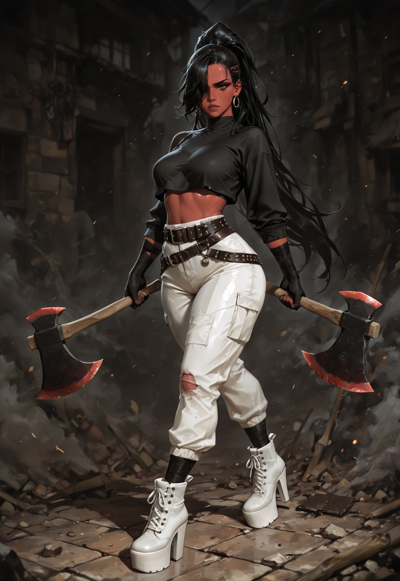 solo, 21yo, crop-top, girl, black girl, african girl, da k skin, black skin,very long straight black hair, brown eyes, gorgeous lips, dark Red warpaint, medium perky breasts, perfect body, large hips, fit body, thick thigs, White baggy pants, white ankle boots,pointed toe, platform toe, stiletto Heels,decorative studs, ankle boots, thick thighs, dark clothes, wearing belts and satchels on legs and hips and arms, black bandages on wrists, freckles, body freckles, black anime hair, big spiky floating ponytail, hair over one eye, thick eyelashes, black eyeliner, condescending expression, wielding a massive Axe, Double Axe, war-axe, running towards Viewer, swinging Axe, ambush,bright picture