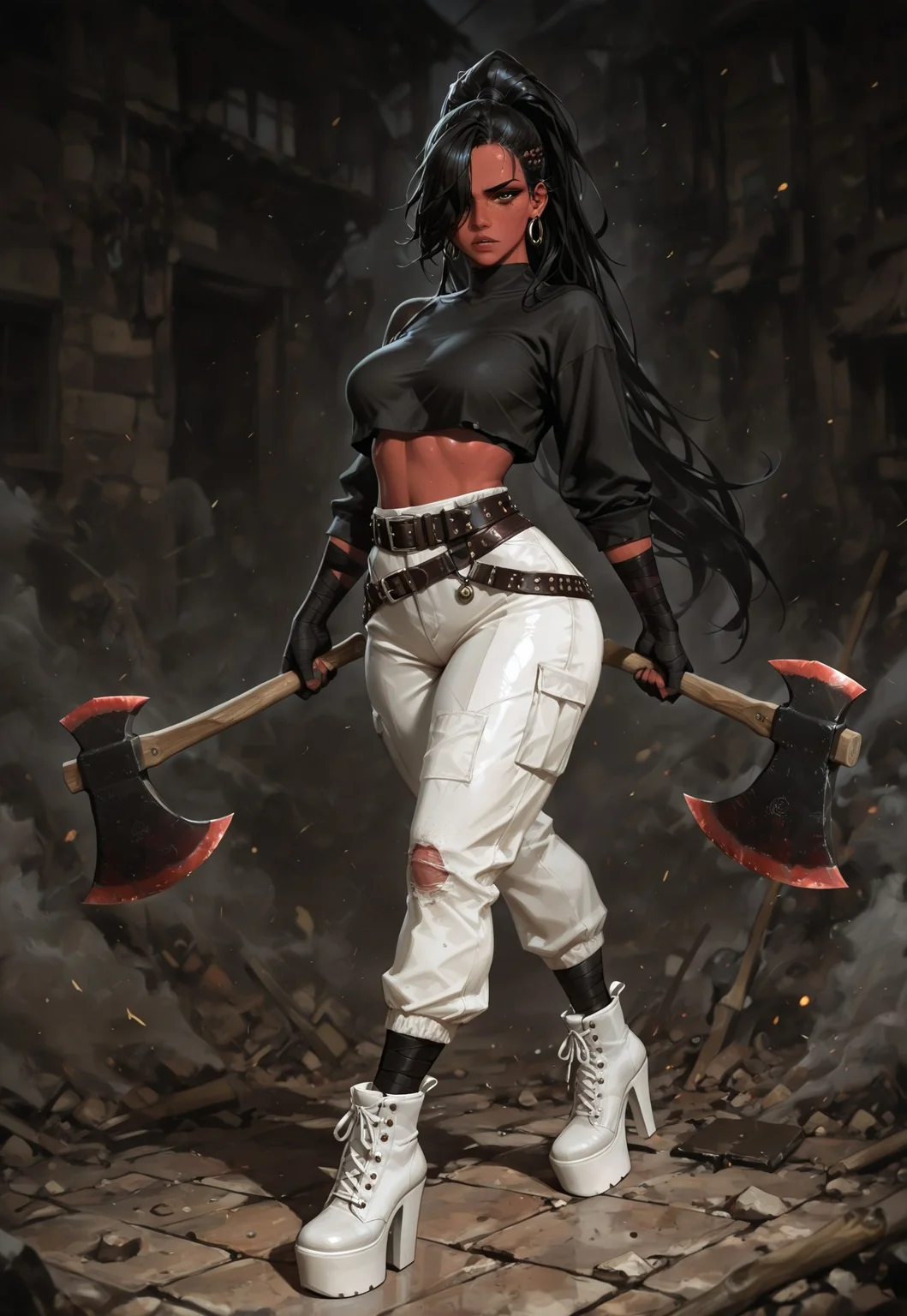 solo, 21yo, crop-top, girl, black girl, african girl, da k skin, black skin,very long straight black hair, brown eyes, gorgeous lips, dark Red warpaint, medium perky breasts, perfect body, large hips, fit body, thick thigs, White baggy pants, white ankle boots,pointed toe, platform toe, stiletto Heels,decorative studs, ankle boots, thick thighs, dark clothes, wearing belts and satchels on legs and hips and arms, black bandages on wrists, freckles, body freckles, black anime hair, big spiky floating ponytail, hair over one eye, thick eyelashes, black eyeliner, condescending expression, wielding a massive Axe, Double Axe, war-axe, running towards Viewer, swinging Axe, ambush,bright picture