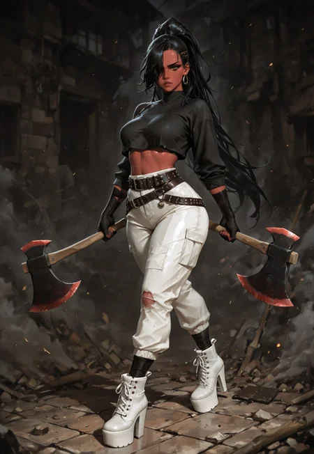 solo, 21yo, crop-top, girl, black girl, african girl, da k skin, black skin,very long straight black hair, brown eyes, gorgeous lips, dark Red warpaint, medium perky breasts, perfect body, large hips, fit body, thick thigs, White baggy pants, white ankle boots,pointed toe, platform toe, stiletto Heels,decorative studs, ankle boots, thick thighs, dark clothes, wearing belts and satchels on legs and hips and arms, black bandages on wrists, freckles, body freckles, black anime hair, big spiky floating ponytail, hair over one eye, thick eyelashes, black eyeliner, condescending expression, wielding a massive Axe, Double Axe, war-axe, running towards Viewer, swinging Axe, ambush,bright picture