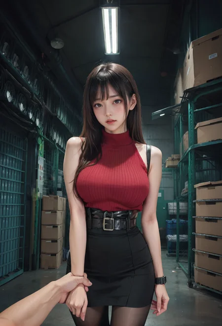 ,ruanyi0928,dark,indoors,warehouse,night,
,belt,black pantyhose,high-waist skirt,sleeveless sweater,red sweater,ruanyi0892,
head down,shy,pov,underboob,holding another's wrist,<lora:0928 cool color warehouse_v1_pony:0.9>,<lora:0892 Home wear_v1_pony:0.7>, score_9,score_8_up,score_7_up,,8k,1girl,solo,,