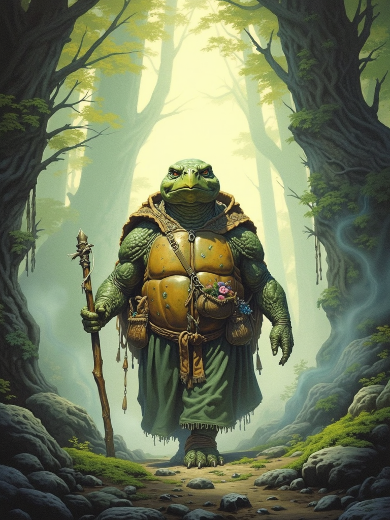 drkfnts style, an anthropomorphic turtle with a large decorated shell, walking through a dense misty forest, the turtle is wearing a long flowing robe adorned with intricate patterns and holding a wooden staff, The shell is filled with various items including flowers and pouches, wandering sage, towering trees background, moss-covered rocks, soft ethereal light filtering through the forest canopy, a magical and serene atmosphere, <lora:sxz-Dark-Fantasy-v2-Flux:1>