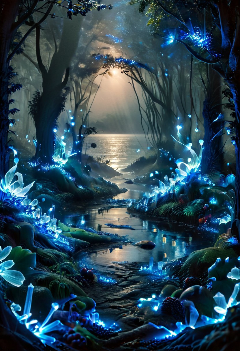 (8k analog nature photography:1.2), (a beautiful landscape:1.1) Extreme realism,  Insanely realistic, with a river in the distance, shiny sapphire (crystal:1.2) berries ,<lora:Bio-Luminescence:1> bioluminescent, glowing, focus on the fruit.  bioluminescent, glowing, detailed , detailed style, perfect, Night, darkness,