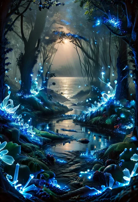 (8k analog nature photography:1.2), (a beautiful landscape:1.1) Extreme realism,  Insanely realistic, with a river in the distance, shiny sapphire (crystal:1.2) berries ,<lora:Bio-Luminescence:1> bioluminescent, glowing, focus on the fruit.  bioluminescent, glowing, detailed , detailed style, perfect, Night, darkness,