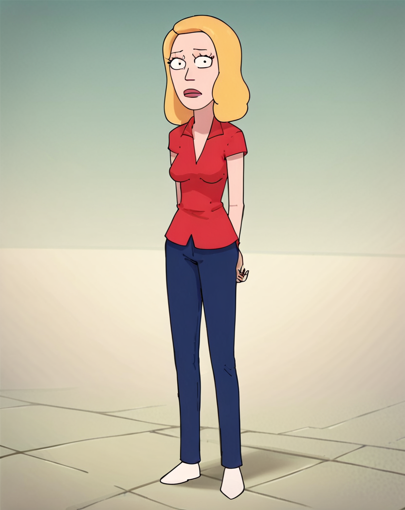 Beth, 1girl, white footwear, red shirt, blonde hair, solo, breasts, blue pants, standing, score_9, score_8_up, score_7_up, score_6_up, score_5_up, score_4_up, looking at viewer,   arms behind back,   <lora:BethSmithPony1.0:1>
