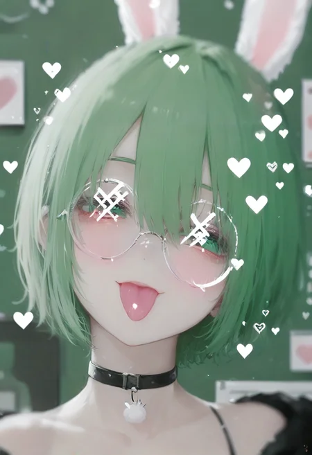 1girl, tongue out, tongue, solo, animal ears, rabbit ears, choker, glasses, round eyewear, green hair, short hair, looking at viewer, hair between eyes, portrait, heart, blurry, bangs, :p, black choker <lora:748cmXL_il_lokr_V6311P:0.95>