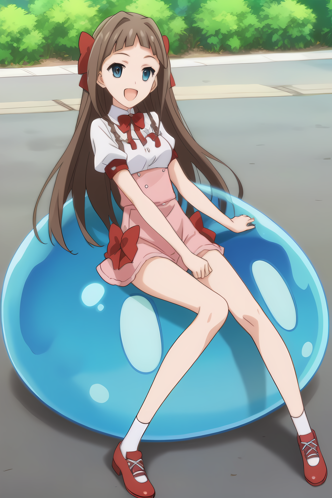 slime sex, mt-asuka, brown hair, red bow, medium breasts, 1girl, solo, skinny, masterpiece, high quality, (full body|sitting|standing|lying), outdoors, happy, score_9, score_8_up, score_7_up, source_anime, anime, anime style <lora:mt-asuka-V01-000003:1.00>