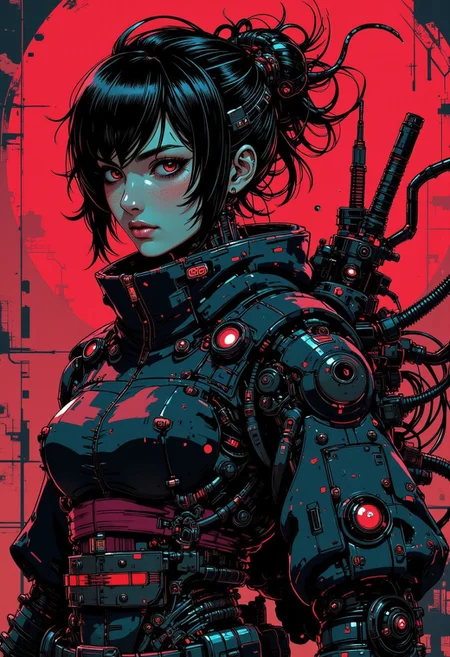 in the style of cknc, close-up shot of a dressed in futuristic hard surfaced dark sci-fi, slightly oval cross section look, battle scratched armor, a kimono, mysterious white skin mexican wabi-sabi mercenary battle droid humanoid woman with a lot of mechanical parts looking at the viewer, wielding a combat knife, 1800'S, - Bosmer hybrid, Scribe, equirectangular 360, Flirty expression, Romantic, whimsical, Fast Shutter Speed, Lomography Color 100, red and black palette,
highly detailed Mayhem style , background bizarre techno ghetto transmission, style minimalist, conceptual art posing Japanese, conceptual, illustration, cinematic, photo epic action, cinematic, award winning artwork, many details, patterned illumination, bad VHS tape image artifacts,
anime style, key visual, vibrant, studio anime, nistyle
<lora:ck-nc-pastel-cyberpunk:0.80> <lora:ck-Ivan-Beslic-Art-Style-000019:0.2>  <lora:ck-MetalGearSolid-000019:0.40>  <lora:m100-style_v.02:0.3>  <lora:test2:0.65>