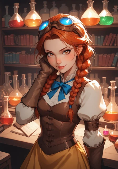 SCORE_9, SCORE_8_UP, SCORE_7_UP, SCORE_6_UP, SCORE_5_UP, g0thicPXL, MythAn1m3, PRSNL4 Style, fantasy, medieval, BREAK ambient lighting, 1girl, solo, human, Caucasian, 20years old, red hair, petite, braided pigtails, twin_braids, bangs, brown eyes, freckles, body freckles, small breasts, pale skin, white blouse, puffy long sleeves, (blue bowtie), yellow mini skirt, leather under-bust corset, brown leather knee high boots, brown gloves, alchemist, artificer, goggles on head, standing behind counter, leaning on counter, library, bedroom eyes, seductive smile, hand on cheek, looking at viewer, high angle view:0.8), head focus,, BREAK indoors, laboratory, alchemy, stacks of books, book shelf, shelves of flasks, beaker, retort, retort stand, chemistry, Bunsen burner, Flask, test tube, potion, vial,