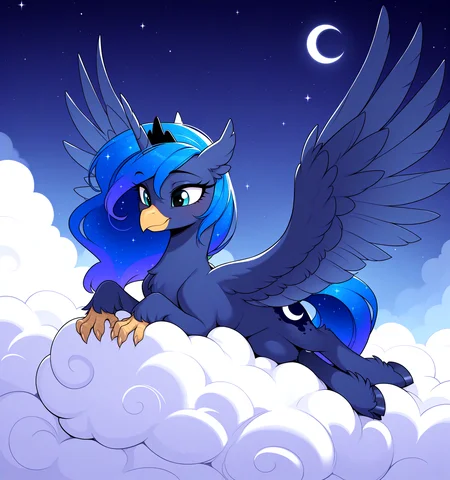 masterpiece, best quality, very aesthetic <lora:MLP-Hippogriff_Illustrious:0.65> hippogriff, classical hippogriff, wings, feral, my little pony, beak, claws, hooves, Princess Luna, lying on a cloud, at the weather factory, spread wings, guilty, detailed background