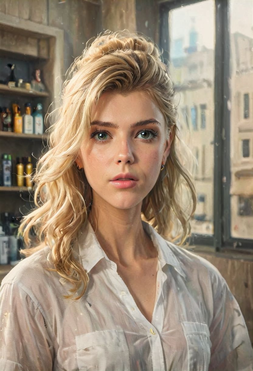 ((a beautiful woman in a Hair Salon, Khaki and white color Palette, urban city  window view)), 
bust shot, close-up lips, 
modern interior design, cyberpunk, 
Recliner|Dressing table|Table lamp|Screen|Monitor|Signboard_Details,
Metal|Glass|Leather|Textiles|Carpet|Pillow_Texture,
perfect blonde hair, 
(modern photo, fashion dress up:1.1), 24mm, (analog, cinematic, film grain, hazy atmosphere, detailed eyes, (seductive), (epicPhoto), (looking at viewer), (cinematic shot:1.3),
ac_neg1, great lighting, extremely detailed, happy, Hair Salon, impressionist painting, zoya