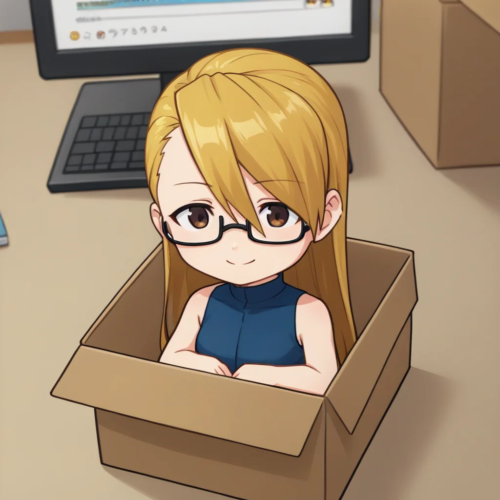 score_9, score_7_up, source_anime, 1girl, smile, closed mouth, <lora:chibi_box_b0xe_v2.1:0.8> b0xe, in box, chibi, cardboard box, <lora:AdrianAA-pdxl:1> andrews, blonde hair, long hair, asymmetrical bangs, brown eyes, glasses, sleeveless shirt, blue shirt, turtleneck, desk, computer, indoors