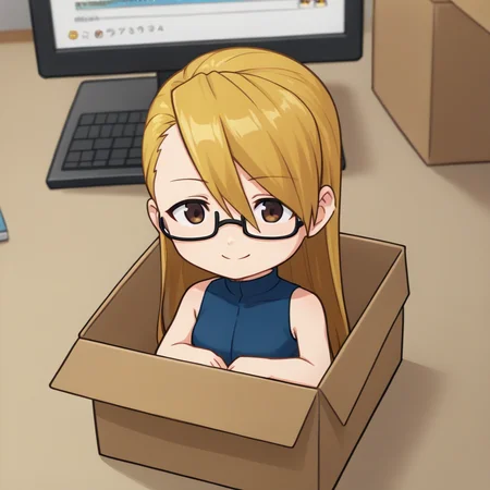 score_9, score_7_up, source_anime, 1girl, smile, closed mouth, <lora:chibi_box_b0xe_v2.1:0.8> b0xe, in box, chibi, cardboard box, <lora:AdrianAA-pdxl:1> andrews, blonde hair, long hair, asymmetrical bangs, brown eyes, glasses, sleeveless shirt, blue shirt, turtleneck, desk, computer, indoors
