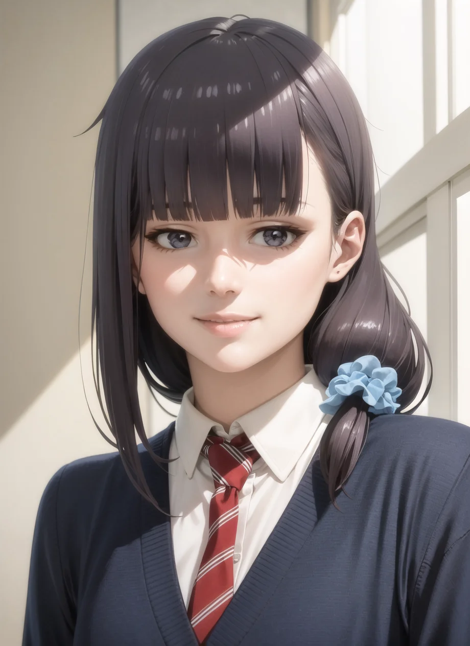 (realistic:1.5), 1girl, solo, <lora:gundou_misuzu-04:0.6>, gundou_misuzu, low ponytail, hair over shoulder, single sidelock, hair scrunchie, blue scrunchie, medium hair, hair strand,  japanese, teen, looking at viewer,  indoors, (shaded face), blue sweater, long sleeves, collared shirt, white shirt, necktie, portrait, evil smile, messy hair