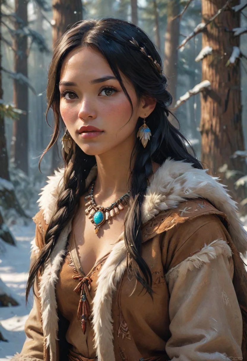 unique perspective, unique angle, comic book angle and perspective, intricate details, hyper-detailed, hyper-realistic, cinematic, depth of field, volumetric light, translucency, concept art, (low saturation:1.5),
North American forest in the winter, 
Portrait, looking at viewer, Cowboy Shot, 
1 mature woman, 
Disney Pocahontas, Native American Woman, dark skin, long hair, strait hair, (black hair:1.4), necklace, fully covered clothing, hide jacket, hide shirt, hide skirt, sleeves, beads, fur, Native American jewelry, 
(square jaw line:2), (cheekbones:2), (cheek sink:2),
24 Year Old Supermodel
Makeup, freckles, skin imperfections, 
Fake Eyelashes,
fleshy big lips,
slender body,
long legs,
The art draws inspiration from NijiExpress 3D, abstract techniques, AirBrush effects, decorative details, 64k resolution popularized on Artstation, oblin academia, clayton crain, andrea kowch, daniel f. gerhartz, Karol Bak, Luis Royo, calm, andrew yang,