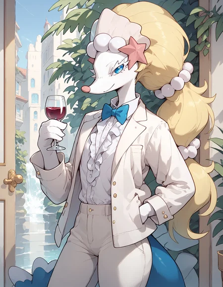 score_9, score_8_up, score_7_up, primaxl, pokemon \(creature\), (solo), elegant, anthro, blonde hair, blue eyes, looking at viewer, smile, white eyelashes,frills, jacket, white shirt, long pants, bowtie, half-closed eyes, standing, holding a wine glass, <lora:cefaa866-a58e-40ba-a219-79ab392f7d60:1.0>, <lora:7ec47181-66fd-458d-94ca-dd9d4ce04993:0.8>, <lora:1c0082c8-b11e-45bd-9840-fefc0967346d:1.0>