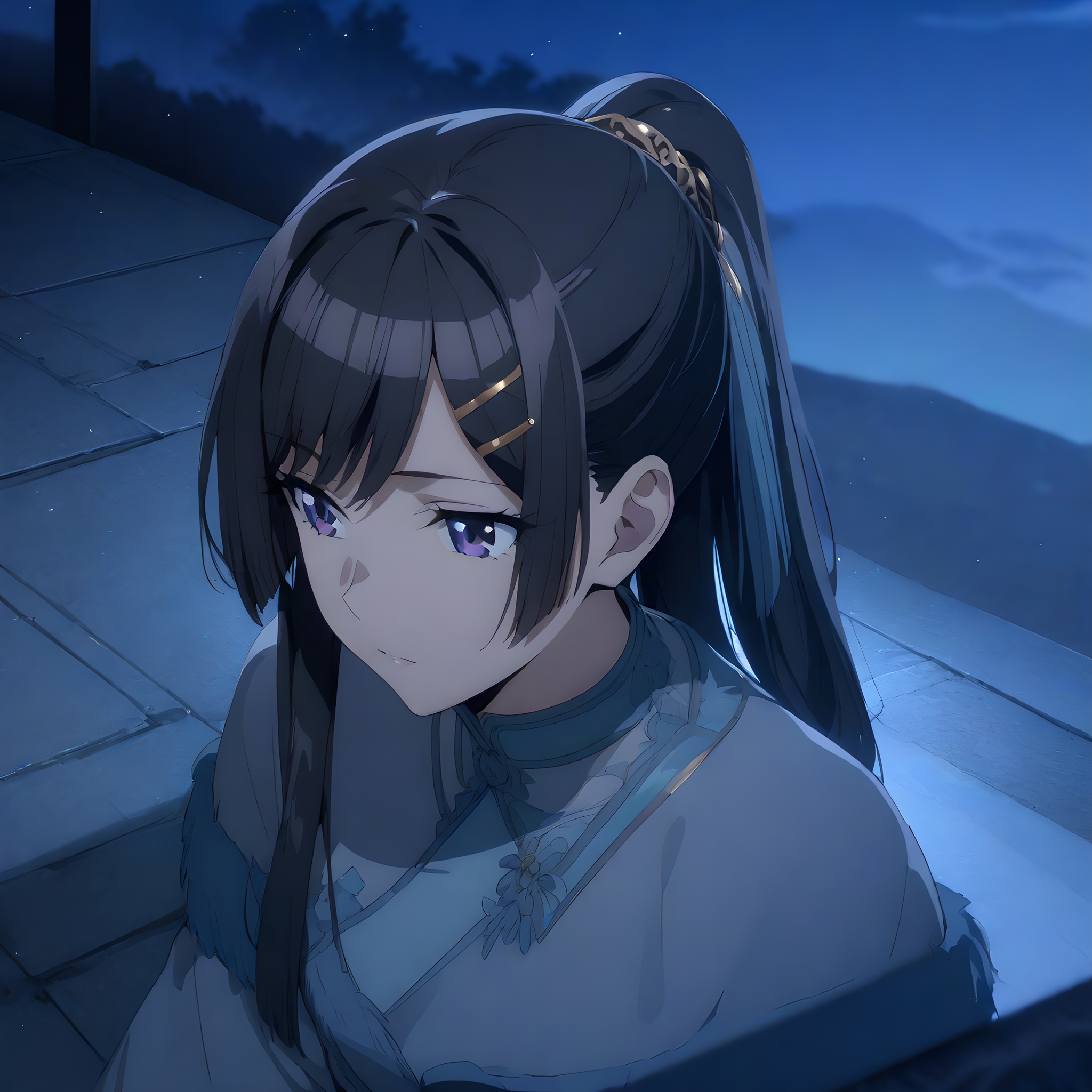 (masterpiece),(best quality),(ultra-detailed),(best illustration),(best shadow),(absurdres),(detailed background),(very aesthetic),otonashi_hibiki, night, blue theme, purple eyes, sky, solo, 1girl, black hair, night sky, hair ornament, hairclip, long hair, ponytail<lora:XL-OtonashiHibiki:1>