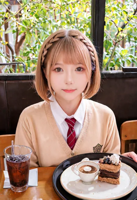 4K photo, (very awa, masterpiece, best quality, highres, absurdres, realistic, photorealistic), photo, professional photography, skin texture, portrait, close-up, 1girl, japanese, Chinatsu \(blue box\), short hair, braid, looking at viewer, school uniform, necktie, cafe, holding tray, sitting, scenery