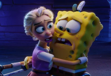 SpongeBob SquarePants, riding scooter, Princess Elsa, hugging tightly, face pressed against back, tired expression, apathetic, cigarette in mouth, dynamic pose, blue and purple lighting, anime style, highly detailed, moody atmosphere, dark setting, gritty, emotional, side view, close-up, expressive, detailed background, reference image, animated characters, unconventional scene, surreal, cartoon crossover.spongebob, krusty krab hat, sysdeep_elsa