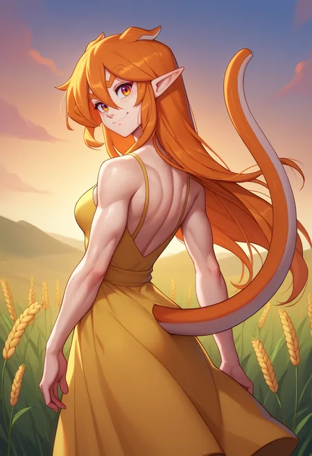 score_9, score_8_up, score_7_up, BREAK 1girl, solo, wonhan, freckles, multicolored eyes, pointy ears, animal ears, lizard tail, orange hair, long hair, hair between eyes, medium breasts, <lora:WonhanPDXL_V1-Manityro-CAME:1.0>, outdoors, wheat field, sunset,
looking at viewer, light smile, toned, looking back, from behind, walking,
yellow sundress,