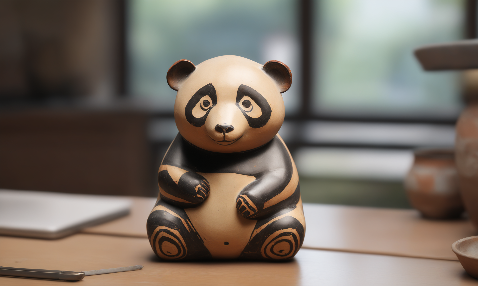 <lora:paintedpotterycd_xl-000004:0.9>,a handmade sculpture of a panda made of painted pottery in office scene,full body,paintedpotterycd_xl,miniature,tilt-shift,indoors,chinese zodiac,wooden table,cutie,cute,still life,animal statue,front view,facing viewer,looking at viewer,(Unbelievable Digital Artwork:1.3),CGSociety,ArtStation,master works, 8K, HDR, UHD, masterpiece, best quality, highly detailed, high resolution, finely detail, extremely detailed, ultra detailed, wallpaper