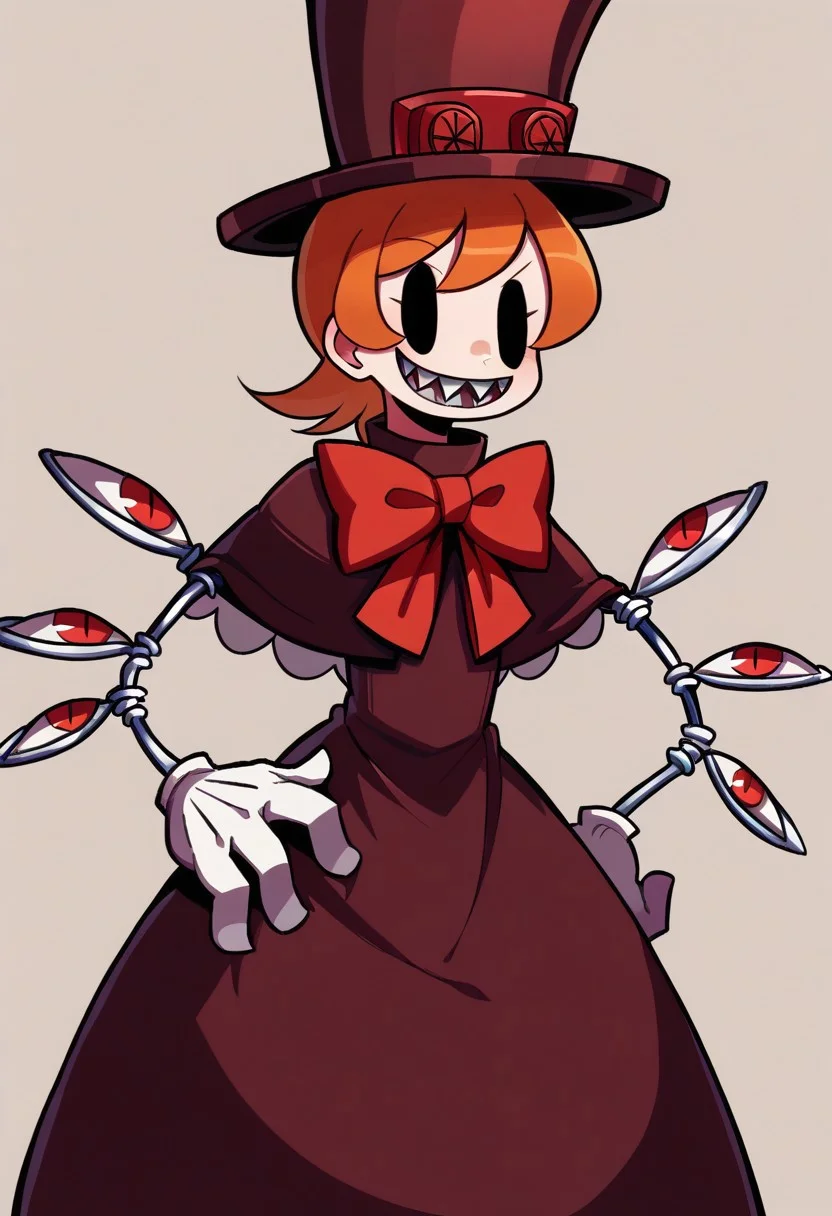 score_9, 1girl, solo, peacockSG, orange hair, dot eyes, top hat, dress, red bow, mechanical arms, white gloves, one hand on hip, smile, sharp teeth, cowboy shot