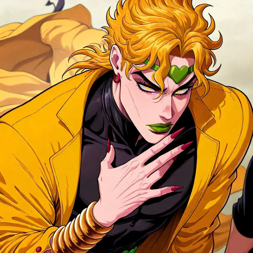 masterpiece, best quality, newest, absurdres, highres, ECM-V1.0, solo, solo focus, 1boy, dio brando \(jojo no kimyou na bouken\), blonde, green lipstick, long fingernails, green lips, jewelry, yellow eyes, yellow jacket, black shirt,