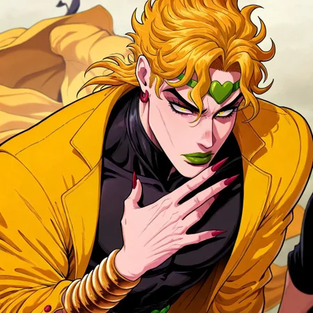 masterpiece, best quality, newest, absurdres, highres, ECM-V1.0, solo, solo focus, 1boy, dio brando \(jojo no kimyou na bouken\), blonde, green lipstick, long fingernails, green lips, jewelry, yellow eyes, yellow jacket, black shirt,
