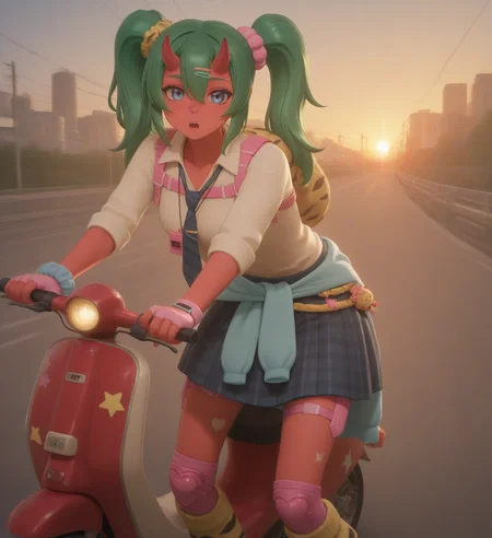 (looking at viewer, upper body, cute, driving on a red scooter, food backpack, :o, silly face, eyes wide open:1.3), (sparkles, detailed background, road, highway, miami cityscape, golden hour, sunset, shadows, warm colors, blue and red lighting, neon lighting, sun beams:1.6), fortnite_nemia, 1girl, solo, green hair, twintails, ponytail, long hair, bangs, hair between eyes, hair over one eye, ears, horns, oni horns, single horn, red skin, pink skin, blue eyes, parted lips, bandaid, fangs, teeth, breasts, shirt, school uniform, necktie, plaid skirt, thighhighs, socks, loose socks, boots, jewelry, earrings, bracelet, charm, belt, gloves, fingerless gloves, knee pads, leg warmers, collarbone, solo, colored skin, hair ornament, hairclip, scrunchie, holster, striped necktie, clothes around waist, oni, plaid, charm (object), blue necktie, bag, sweater around waist, animal print, heart, shoes, star (symbol), thigh holster, <lora:Fortnite_Nemia_Demonically_Cute_Set_ILXL_E29_16_DIM:0.8>