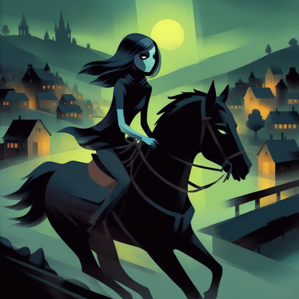 simplakart death girl on a horse, village in the background, dark atmosphere
<lora:simplakart:1>