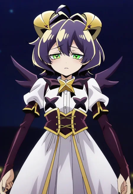 source_anime <lora:GushingoverMagicalGirlsSet1:0.8>, MagiaBaiser, short hair, yellow eyes, ahoge, purple hair, magical girl, showgirl skirt, black nails, low wings, cross-shaped pupils, yellow horns, star pasties,,, ,,, , , ,,,, ,,, , ,,,,,,,, anime coloring,anime screencap, 1girl,Solo ,, anime,official art,,Uncensored ,Unedited ,,,,,,,,