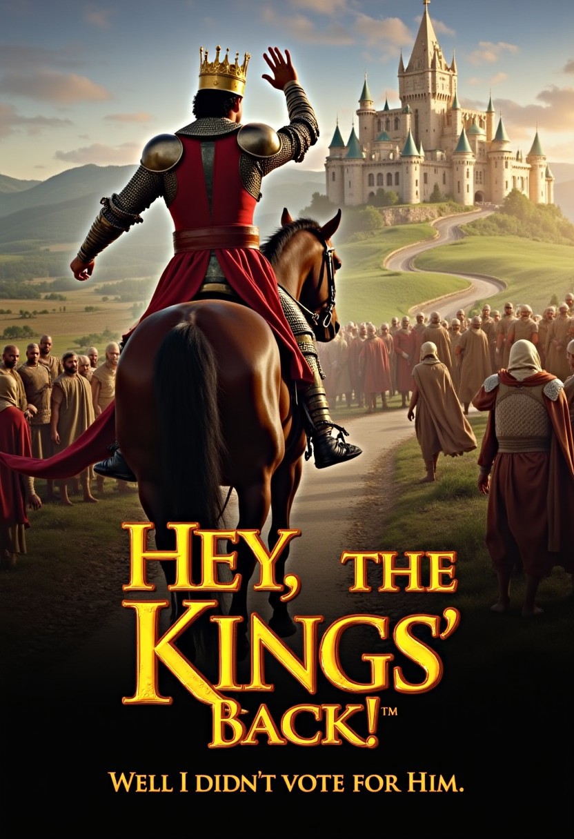 Lord of the Rings style movie poster featuring a noble adventurer wearing a crown and medieval armor.  He is riding on a horse towards a majestic castle, hand raised in greeting.  A crowd of peasants stand in the background, watching.  The title "Hey, the King's Back!" is written in epic, fantasy-style font in glowing letters.  The tagline reads, "Well I didn't vote for him."