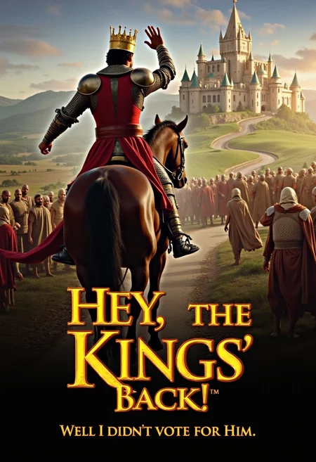 Lord of the Rings style movie poster featuring a noble adventurer wearing a crown and medieval armor.  He is riding on a horse towards a majestic castle, hand raised in greeting.  A crowd of peasants stand in the background, watching.  The title "Hey, the King's Back!" is written in epic, fantasy-style font in glowing letters.  The tagline reads, "Well I didn't vote for him."