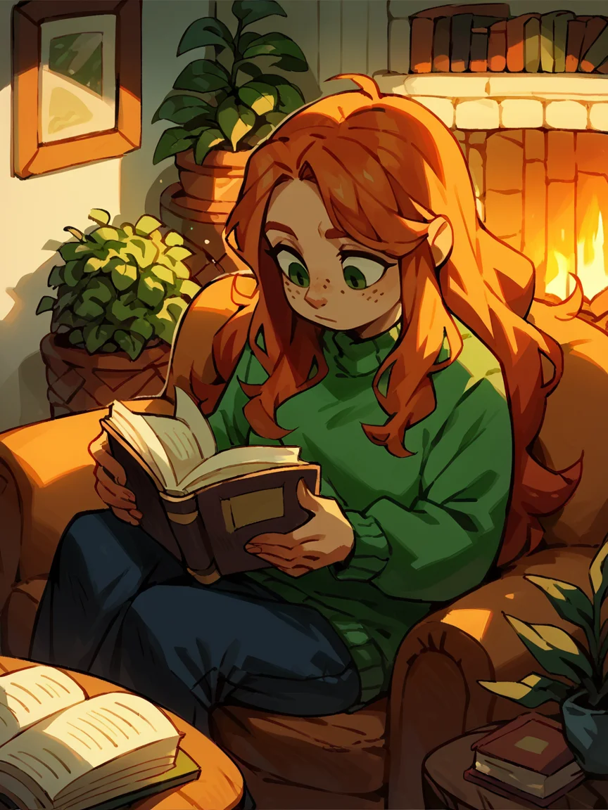 score_9, score_8_up, score_7_up, score_6_up, score_5_up, 1girl, ginger_hair, freckles, green_eyes, long_hair, sweater, reading, indoor, cozy, warm_lighting, book, casual, sitting, couch, plant, fireplace, <lora:bkomadoriXLP:1> bkomadori
