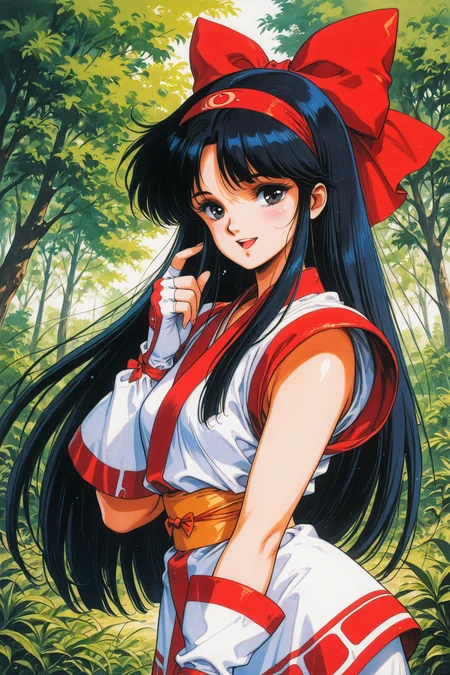 NakoRuru,1980s \(style\),1girl,solo,long hair,red bow,bow,black hair,hair bow,fingerless gloves,hairband,gloves,black eyes,ainu clothes,smile,looking at viewer,retro artstyle,nature,open mouth,traditional media,
<lora:yuuki nobuteru_illustriousXL_v2:0.8>,