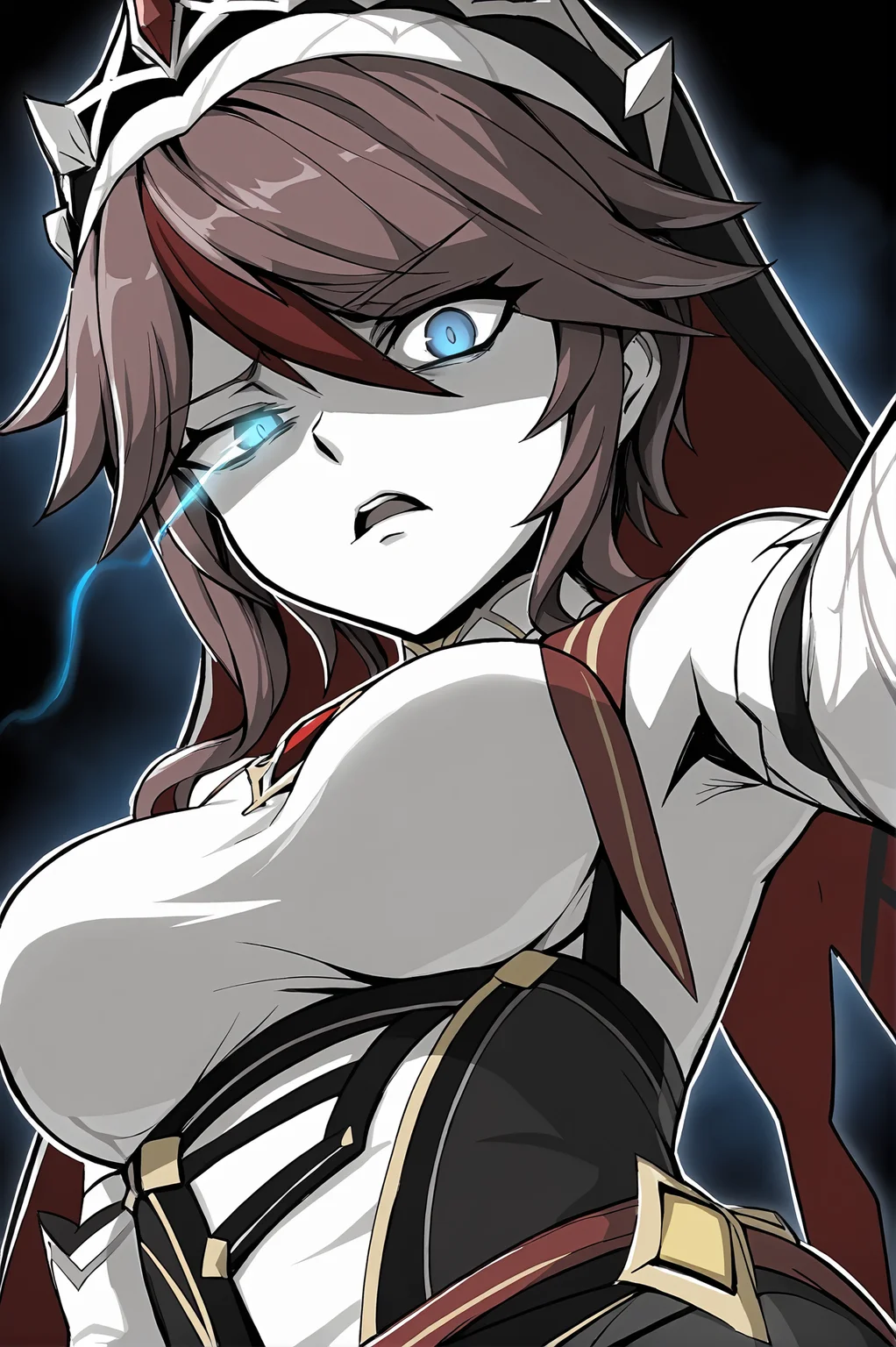 score_9,
<lora:ebiblue_v1_pruned:0.8>, disgust, frown, open mouth, looking at viewer, from below,
rosaria \(genshin impact\),
blue aura, blue eyes, glowing eye, black background,
(monochrome:1.2), spot color,
source_anime,
high resolution, Masterpiece