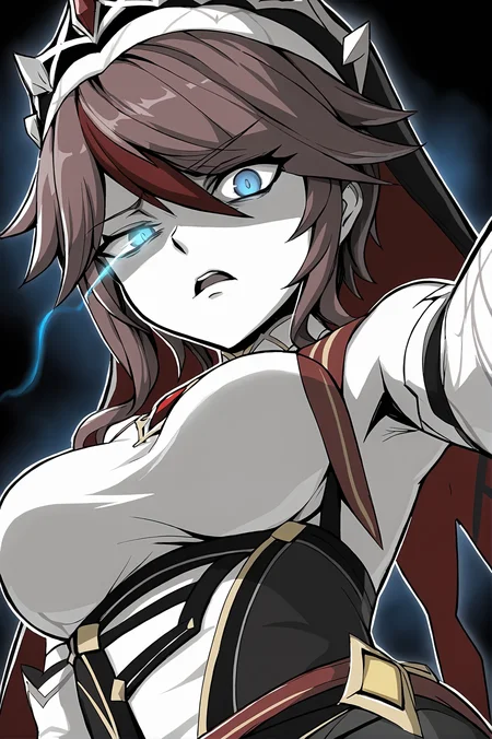 score_9,
<lora:ebiblue_v1_pruned:0.8>, disgust, frown, open mouth, looking at viewer, from below,
rosaria \(genshin impact\),
blue aura, blue eyes, glowing eye, black background,
(monochrome:1.2), spot color,
source_anime,
high resolution, Masterpiece