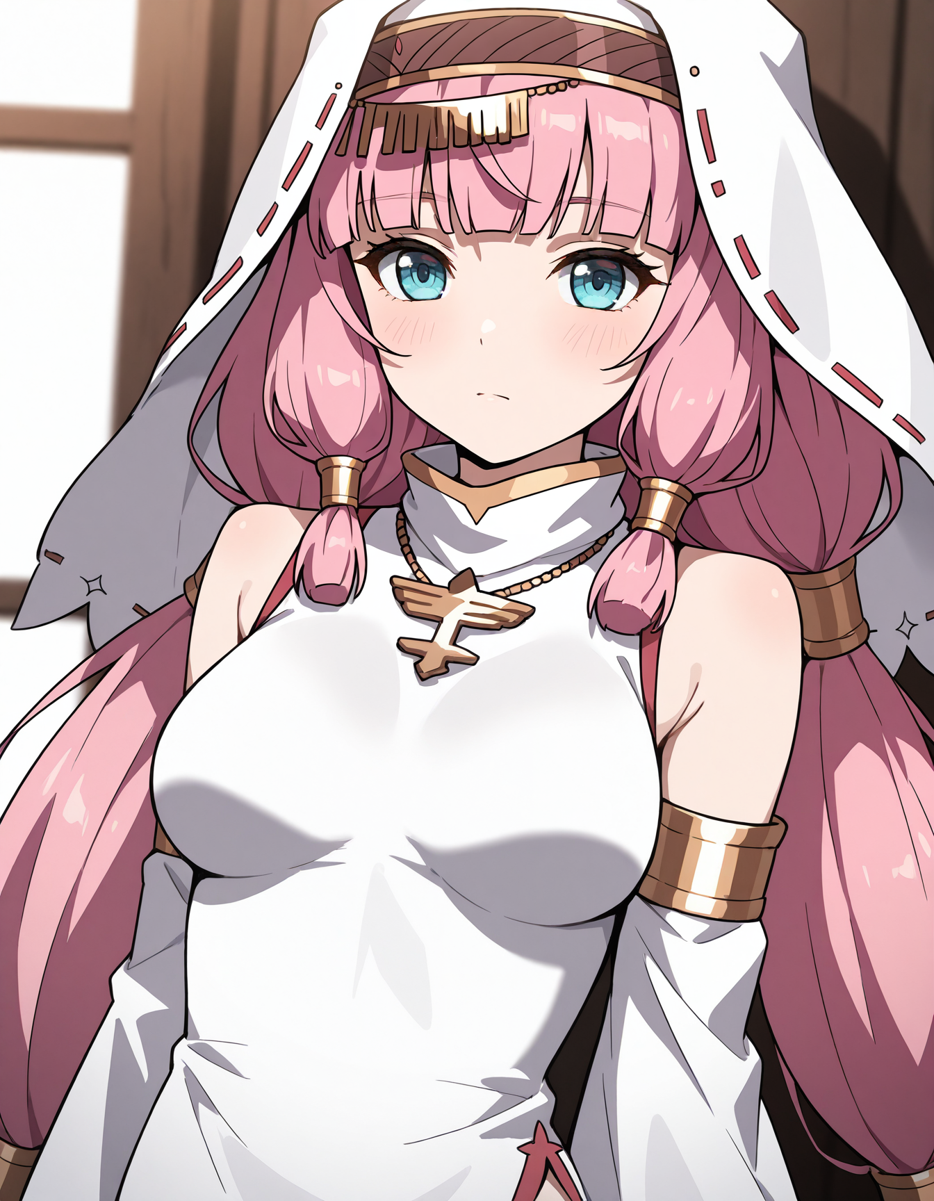 masterpiece, best quality, very aesthetic, absurdres, detailed, marinacc, 1girl,breasts,solo, long hair,very long hair,low twintails,pink hair,bangs,hair tubes,blue eyes, necklace,dress,detached sleeves,wide sleeves,headdress,head accessory,habit,exposed shoulders,side slit