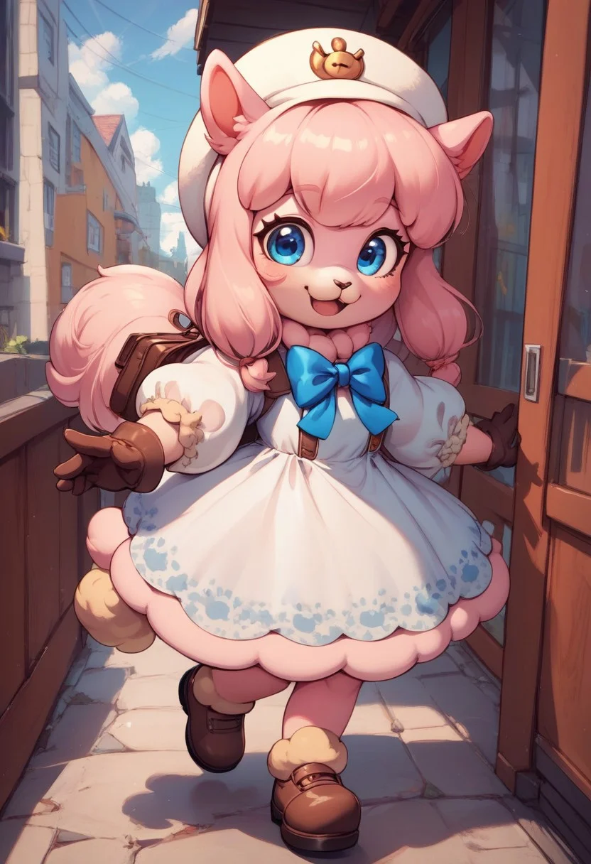 score_9, score_8_up, score_7_up, score_6_up BREAK,
(1girl, hat-kid, alpaca girl, neck tuft, light pink hair, blue eyes, brown shoes, white dress, frills, puffy sleeves, long hair, cute, :3, alpaca tail, blue ribbon, blue bowtie, brown gloves),
((furry, anthro, light pink fur, small body, young body, flat chest)),